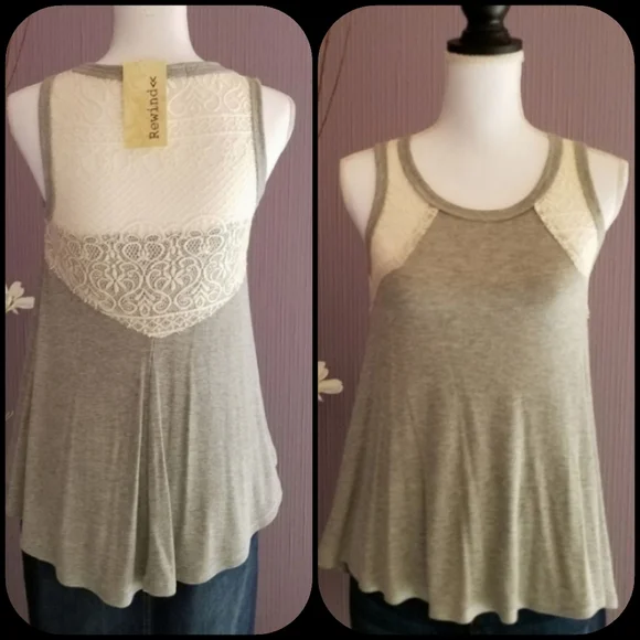 REWIND Grey & Off White Lace Swing Casual Top NWT - Picture 3 of 9